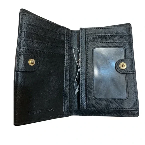 Michael Kors Black Pebbled Leather Bifold Wallet Gold Logo Snap Compact - Picture 6 of 7